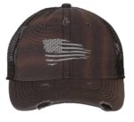 Silver distressed trucker hat with embroidered American flag, perfect for showcasing patriotic pride in style.