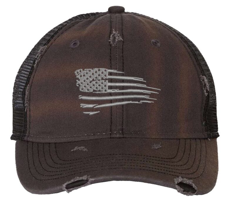 Silver distressed trucker hat with embroidered American flag, perfect for showcasing patriotic pride in style.