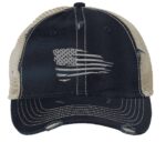 Silver distressed trucker hat with embroidered American flag, perfect for showcasing patriotic pride in style.