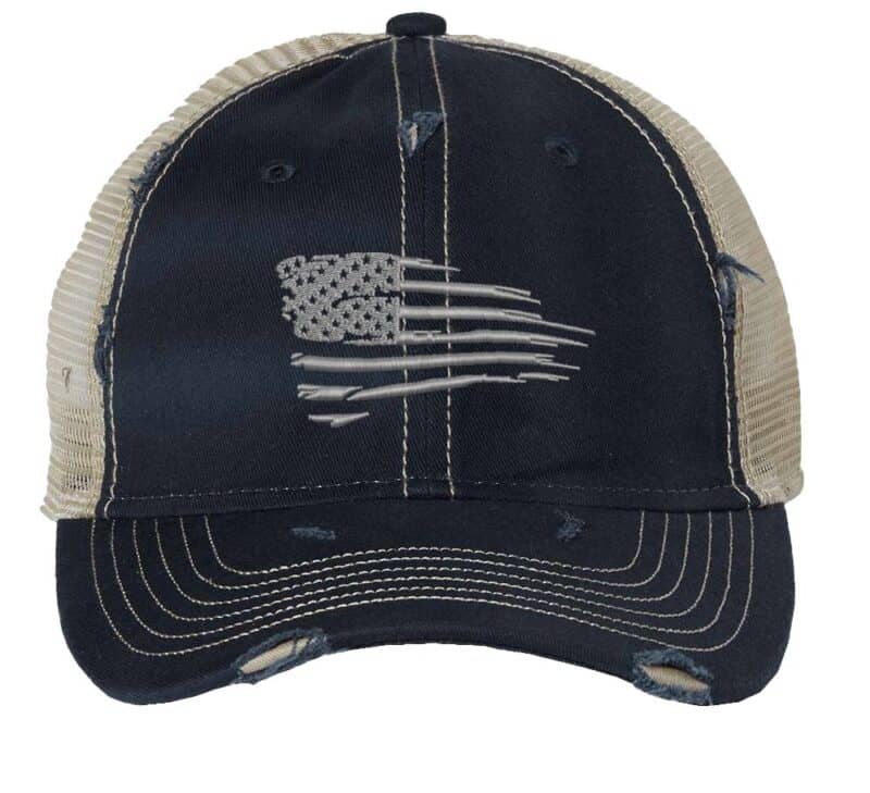 Silver distressed trucker hat with embroidered American flag, perfect for showcasing patriotic pride in style.