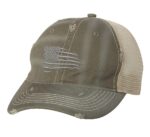 Silver distressed trucker hat with embroidered American flag, perfect for showcasing patriotic pride in style.