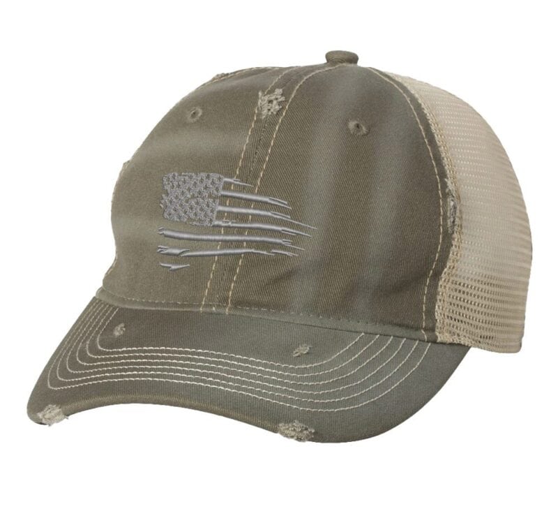 Silver distressed trucker hat with embroidered American flag, perfect for showcasing patriotic pride in style.