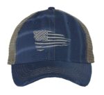 Silver distressed trucker hat with embroidered American flag, perfect for showcasing patriotic pride in style.