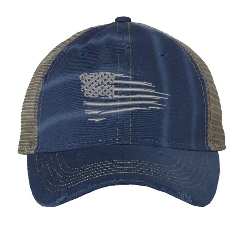 Silver distressed trucker hat with embroidered American flag, perfect for showcasing patriotic pride in style.