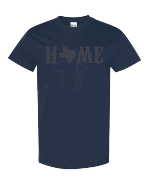 Texas home t-shirt with creative HOME design featuring Texas state outline replacing the O - Lone Star State pride shirt