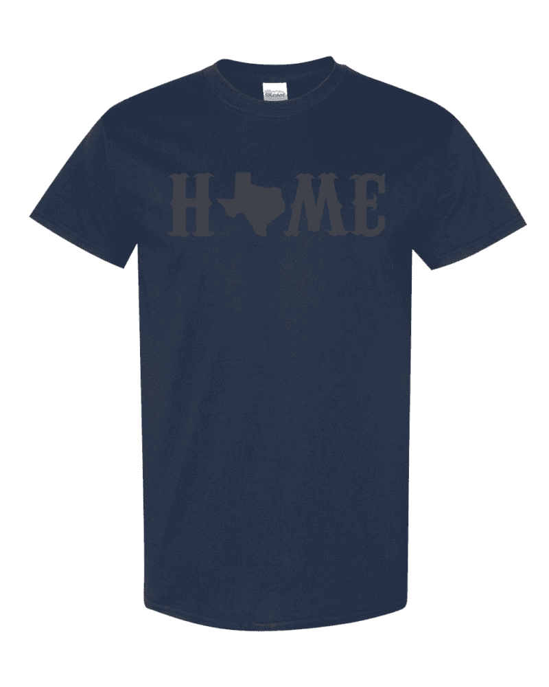 P129T-NVY_Navy_Front_High_TEXAS_Home Texas home t-shirt with creative HOME design featuring Texas state outline replacing the O - Lone Star State pride shirt