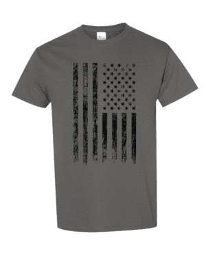 Distressed American flag t-shirt in black with vintage weathered stars and stripes design on premium 100% cotton shirt