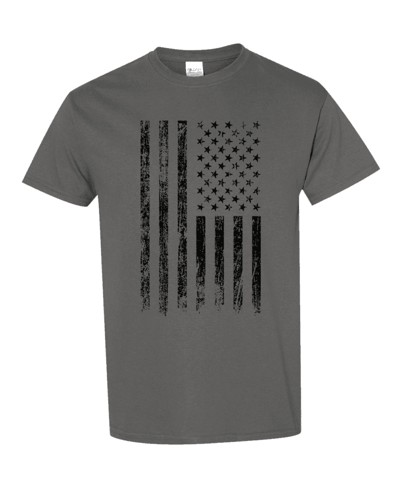 Distressed American flag t-shirt in black with vintage weathered stars and stripes design on premium 100% cotton shirt