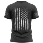 Black T-shirt featuring a distressed American flag graphic for patriotic style.