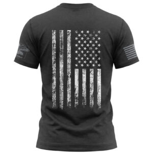 Black T-shirt featuring a distressed American flag graphic for patriotic style.
