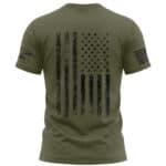 Olive green T-shirt featuring a distressed American flag design, perfect for patriotic occasions.
