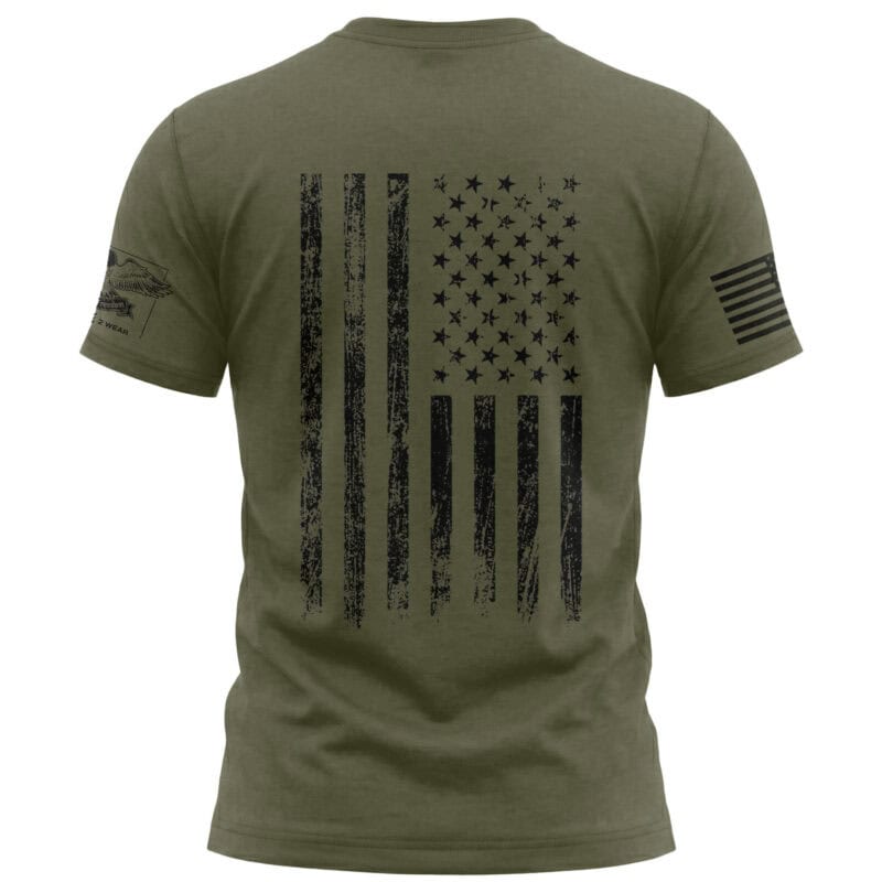 Olive green T-shirt featuring a distressed American flag design, perfect for patriotic occasions.