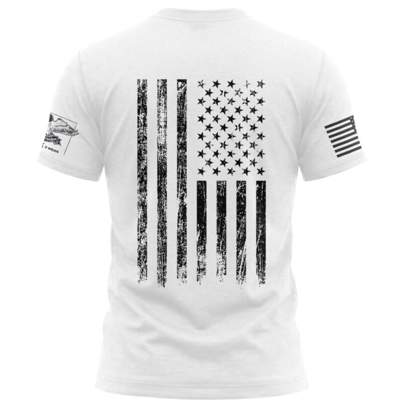 White T-shirt featuring a distressed American flag graphic on the back and flag patch on the sleeve.