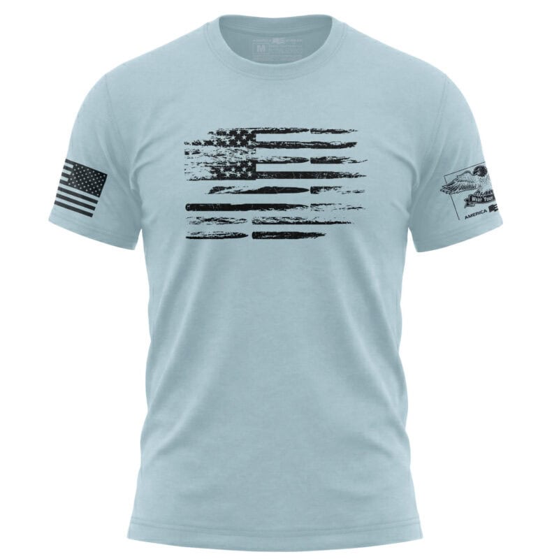 Men's beige T-shirt featuring a distressed American flag graphic, patriotic apparel for men.