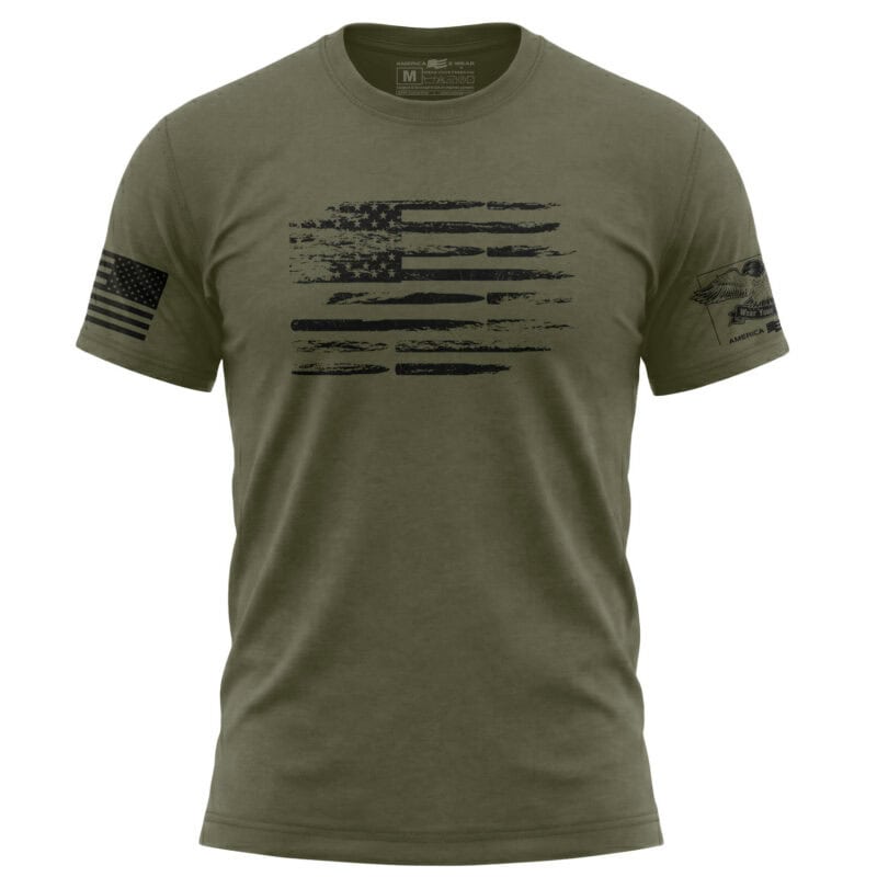Men's beige T-shirt featuring a distressed American flag graphic, patriotic apparel for men.