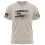 Men's beige T-shirt featuring a distressed American flag graphic, patriotic apparel for men.