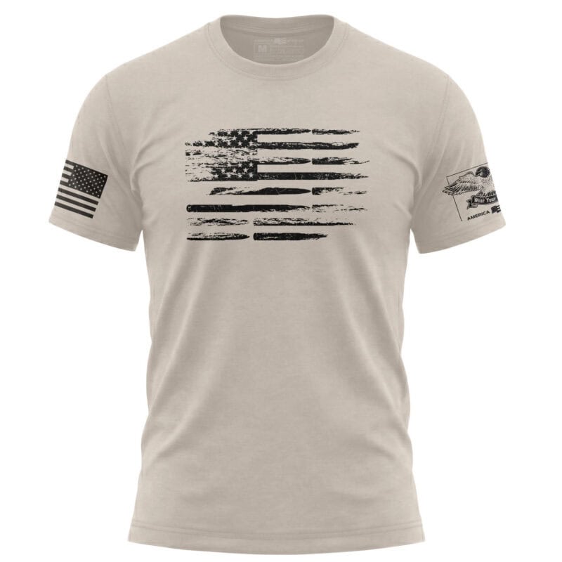 Men's beige T-shirt featuring a distressed American flag graphic, patriotic apparel for men.