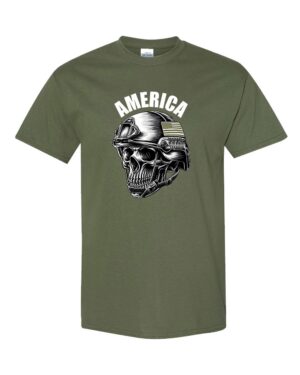 Military skull helmet t-shirt with army veteran design featuring skull in military helmet - patriotic tribute shirt