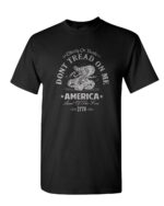 Don't Tread On Me T-Shirt with coiled rattlesnake and American flag background