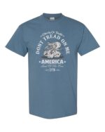 Don't Tread On Me T-Shirt with coiled rattlesnake and American flag background