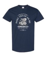 Don't Tread On Me T-Shirt with coiled rattlesnake and American flag background