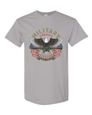 Freedom is never free t-shirt with military eagle holding grenade launcher - Military America patriotic tee honoring sacrifice