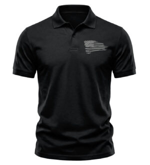 Distressed American Flag Polo Silver Thread Embroidered Patriotic Cotton Shirt