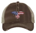 Patriotic trucker hat with American Eagle design in USA flag colors - distressed strap back cap with patriotic emblem