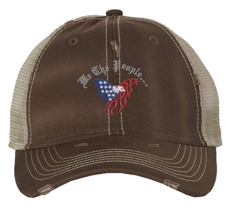 23DR-BRN_Fatigue-_Khaki_Front_High_We_The_People_Eagle Constitutional eagle trucker hat with We The People embroidery - distressed patriotic cap with mesh back for constitutional advocates