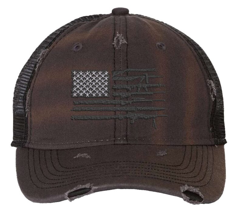 30DR-CHR_Charcoal-_Black_Front_High_Rifle_American_Flag_2nd_Amendment Black rifle flag hat with rifles forming American flag - 2nd Amendment tactical trucker cap with mesh back for gun rights supporters