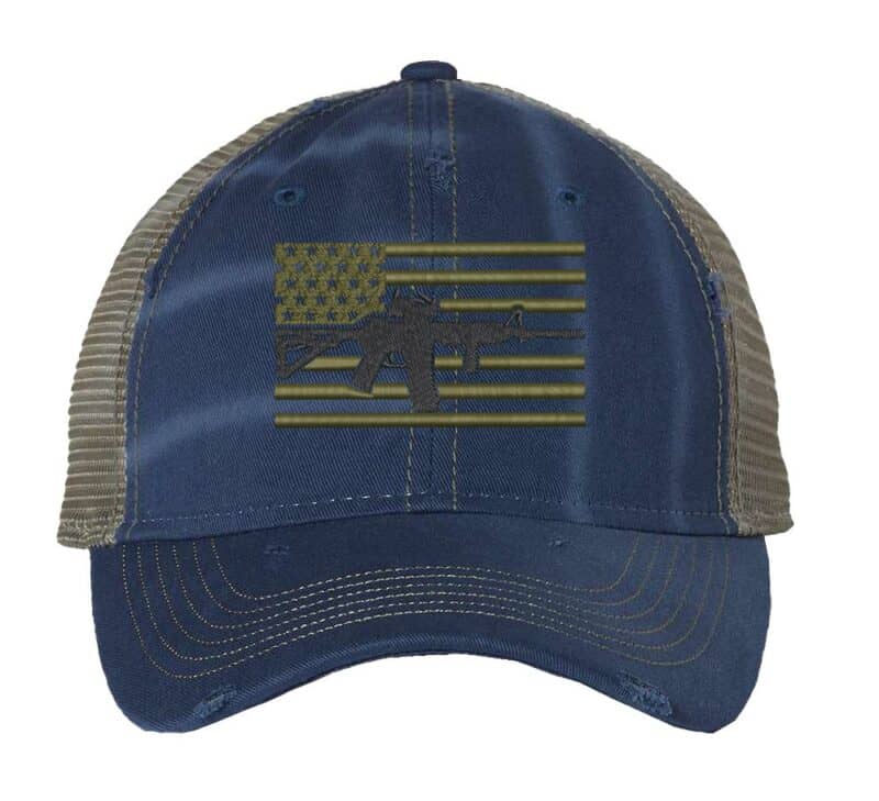33DR-RBL_Ocean-_Sage_Front_High_AR15_American_Flag Rifle American flag hat with Second Amendment design - patriotic trucker cap with mesh back for gun rights supporters