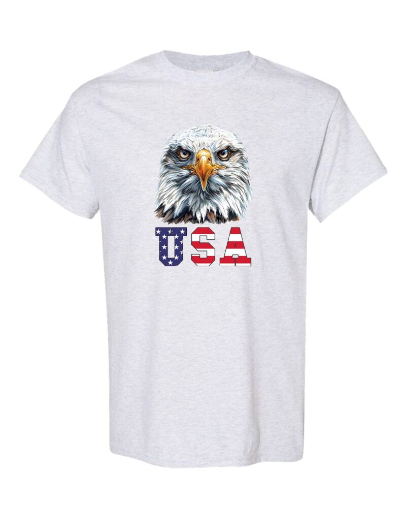 P174T-ASH_Ash_Front_HighBold_Eagle_USA Bold eagle USA patriotic graphic tee with American flag design on premium cotton t-shirt for men