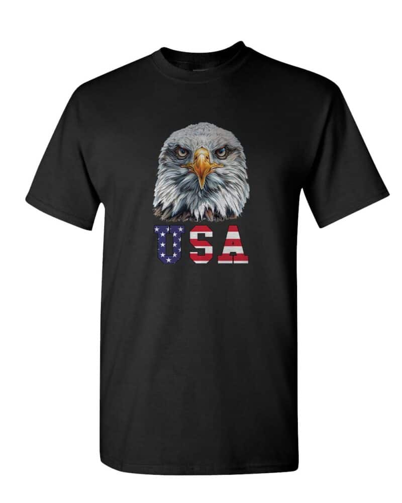 Bold Eagle USA Patriotic Graphic Tee featuring a detailed eagle and American flag design, made from 100% heavy cotton.