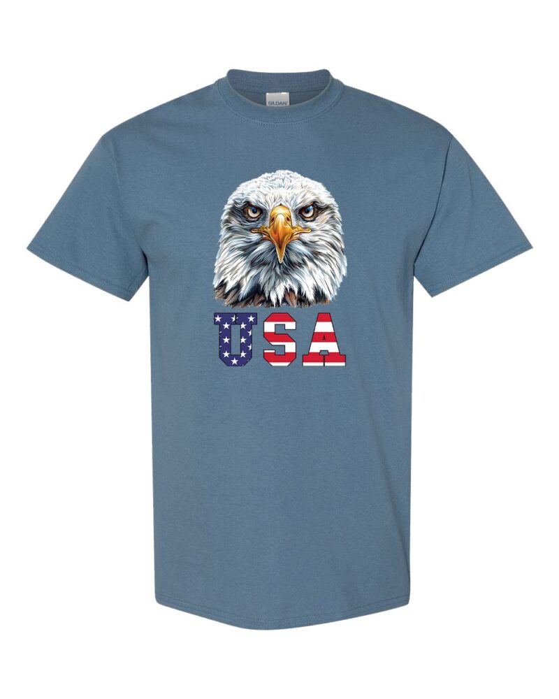Bold Eagle USA Patriotic Graphic Tee featuring a detailed eagle and American flag design, made from 100% heavy cotton.