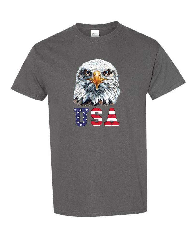 Bold Eagle USA Patriotic Graphic Tee featuring a detailed eagle and American flag design, made from 100% heavy cotton.