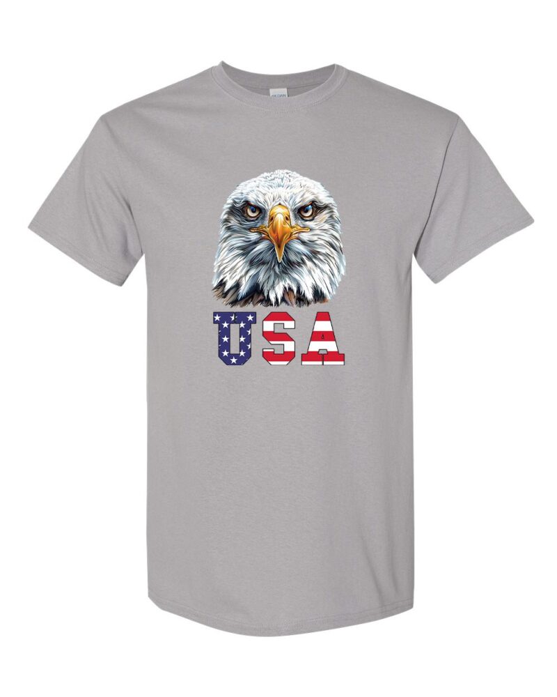 Bold Eagle USA Patriotic Graphic Tee featuring a detailed eagle and American flag design, made from 100% heavy cotton.