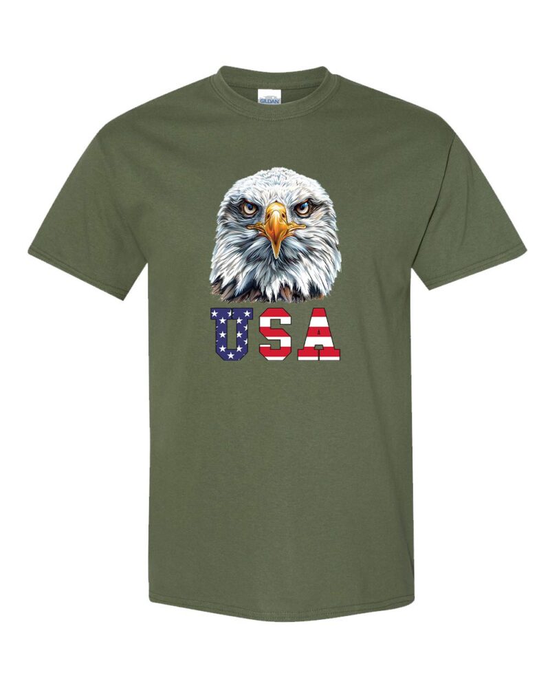 Bold Eagle USA Patriotic Graphic Tee featuring a detailed eagle and American flag design, made from 100% heavy cotton.