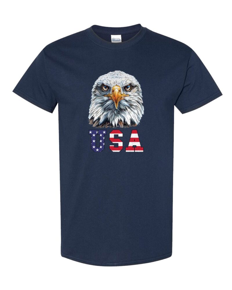 Bold Eagle USA Patriotic Graphic Tee featuring a detailed eagle and American flag design, made from 100% heavy cotton.