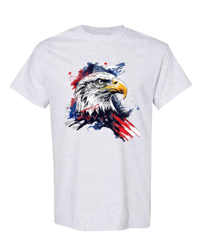 Bold Eagle With Abstract USA Flag Patriotic Graphic Tee featuring a striking eagle and abstract American flag design, made from 100% heavy cotton.