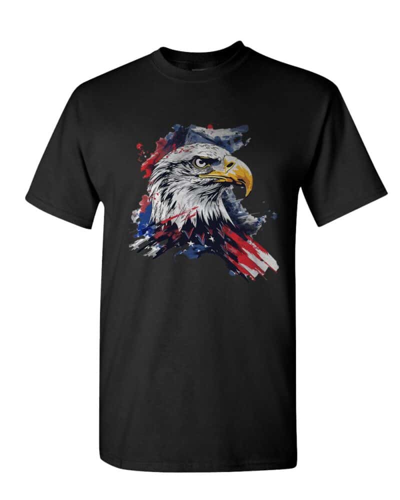 Bold Eagle With Abstract USA Flag Patriotic Graphic Tee featuring a striking eagle and abstract American flag design, made from 100% heavy cotton.