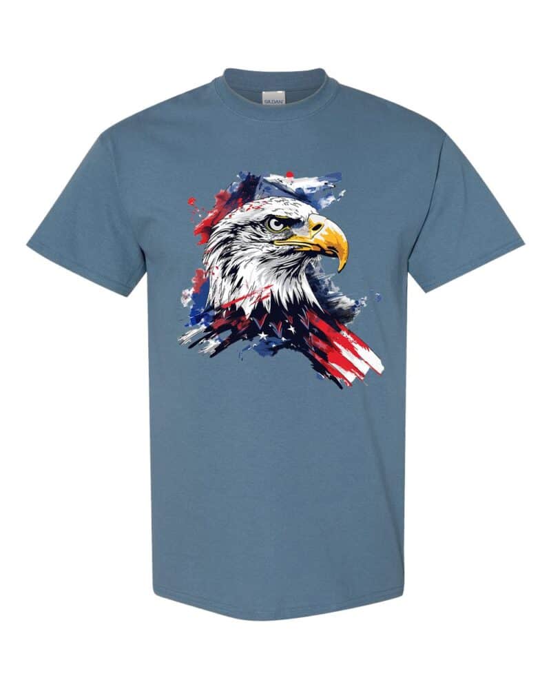 Bold Eagle With Abstract USA Flag Patriotic Graphic Tee featuring a striking eagle and abstract American flag design, made from 100% heavy cotton.