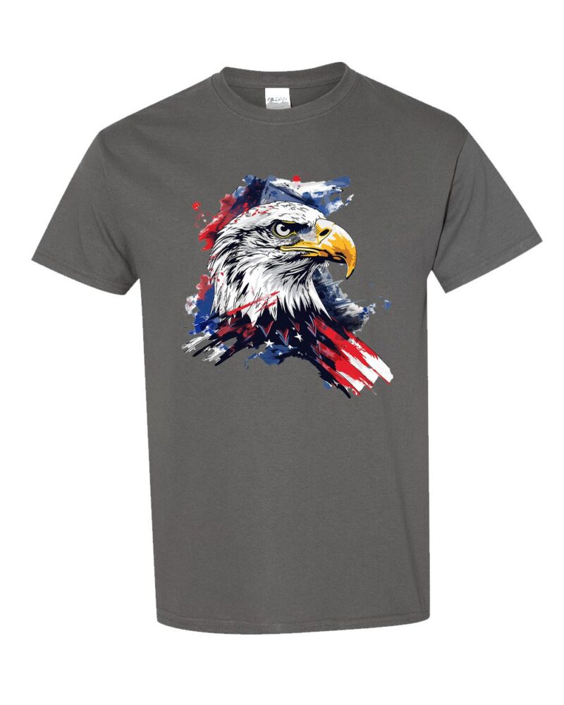 Bold Eagle With Abstract USA Flag Patriotic Graphic Tee featuring a striking eagle and abstract American flag design, made from 100% heavy cotton.