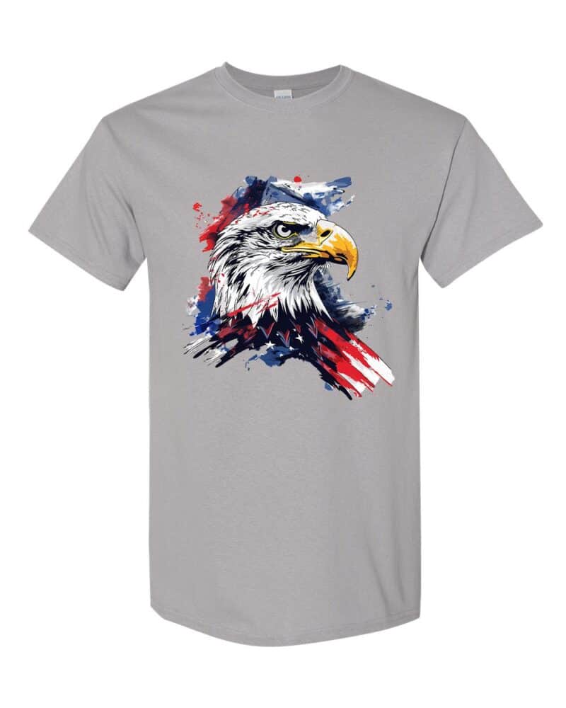 Bold Eagle With Abstract USA Flag Patriotic Graphic Tee featuring a striking eagle and abstract American flag design, made from 100% heavy cotton.