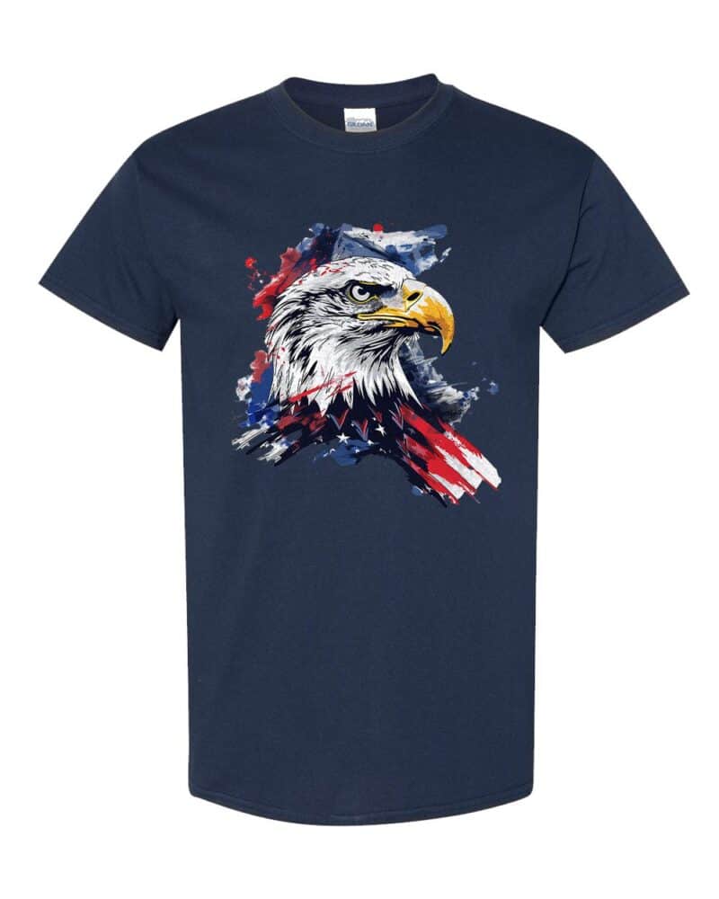 Bold Eagle With Abstract USA Flag Patriotic Graphic Tee featuring a striking eagle and abstract American flag design, made from 100% heavy cotton.