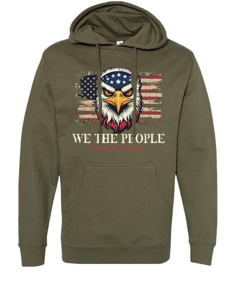 We The People America’s Saviors Patriotic Graphic Hoodie in olive green featuring a bold eagle and American flag design.