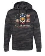 Camouflage hoodie featuring a bold eagle, American flag background, and "We The People America's Saviors" patriotic design.