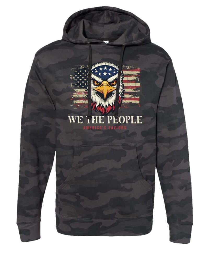 Camouflage hoodie featuring a bold eagle, American flag background, and "We The People America's Saviors" patriotic design.