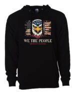 Black hoodie featuring a bold eagle graphic with an American flag backdrop and the text "We The People America's Saviors."