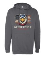 Gray hoodie with a bold eagle graphic, American flag background, and "We The People" text on the front. Patriotic design.