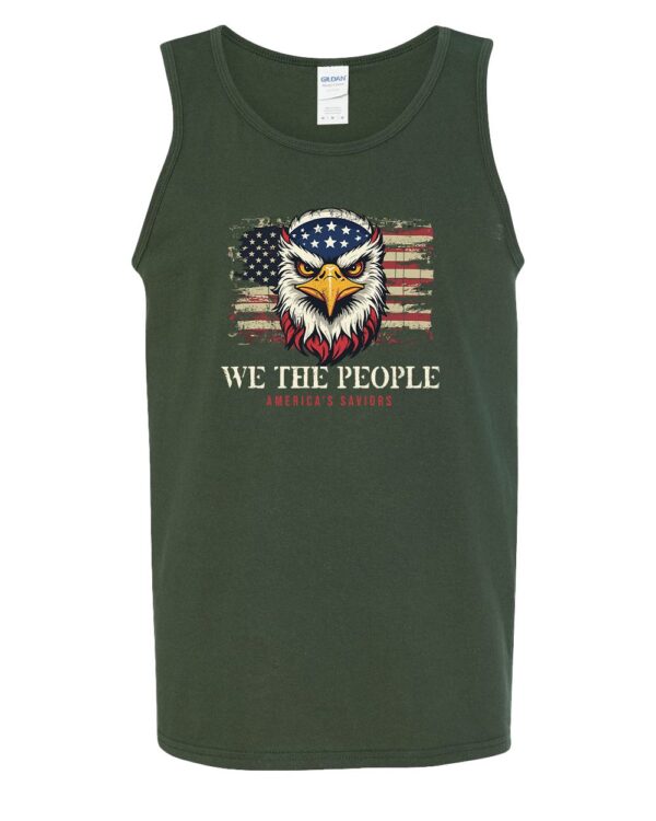 We The People America’s Saviors Patriotic Graphic Tank Top With Bold Eagle and American Flag
